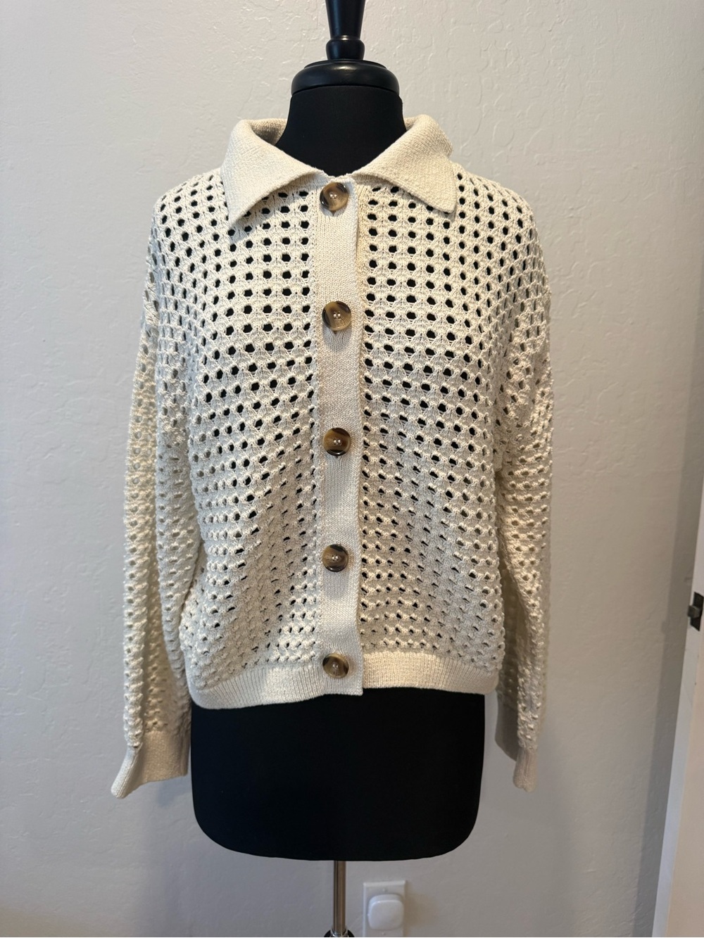 H&M Cream Open-Knit Button-Up Sweater Cardigan